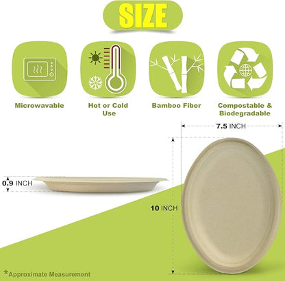 Green Earth, 10-Inch, 125-Count, Compostable Plates, Natural Bamboo Fibers, Everyday Tableware - Biodegradable Disposable Oval Shape Microwave-Safe Gluten-Free Eco-Friendly