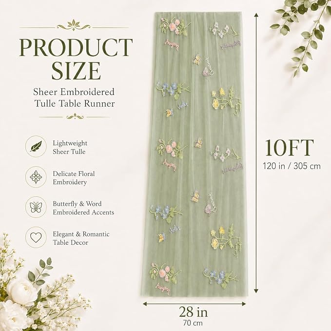 Wildflower Tulle Table Runner Butterfly Floral Wedding Party Home Decor | Sage - Image 3