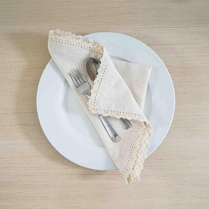 FINGERCRAFT Dinner Cloth Napkin Cotton Linen 4 Pack Vintage Rustic Premium Quality Mitered Corners Napkin Cloth with Elegant Lace for Everyday Use, Pre Shrunk and Good Absorbency 20x20 in Ivory