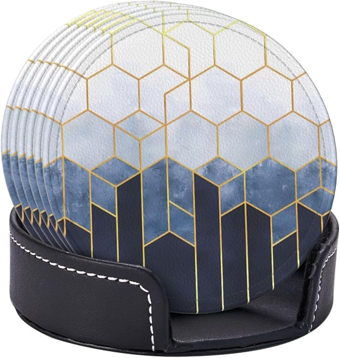 6 Pcs Blue Gold Marble Geometric Hexagons Leather Coasters - Image 6