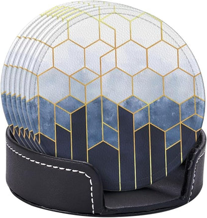 6 Pcs Blue Gold Marble Geometric Hexagons Leather Coasters - Image 6