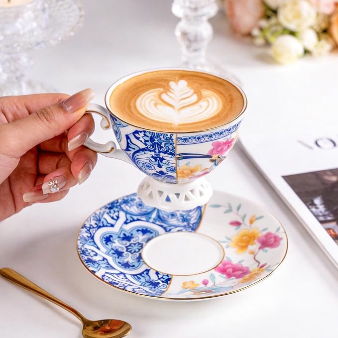 KAMMAK Tea Cups and Saucers Set of 2, Fine Bone China Coffee Cups, GH011 | - Image 3