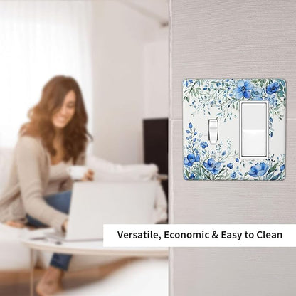 Light Switch Cover Blue Watercolor Flowers Retro Floral Leaves 2 Gang Toggle Rocker Combo Socket Cover Wall Plates Decorative Switch Plates and Outlet Covers for Bathroom Bedroom Decor