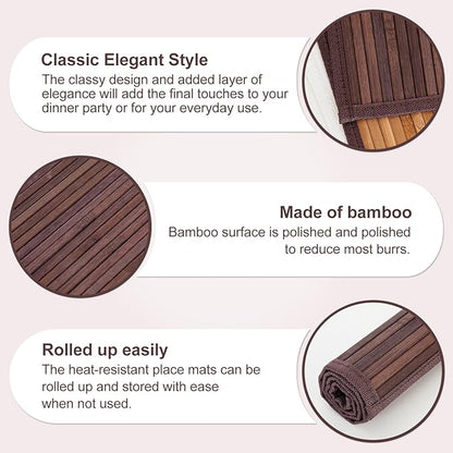 Bamboo Placemats with Fabric Border Set of 4 Natural Bamboo Rectangular Rolling Table Mats for Dining Kitchen Table Heat Resistant Table Protection Dark Brown
