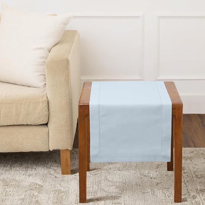 Solino Home Cotton Linen Table Runner Blue, Hemstitch Collection 14 x 36 in | by SolinoHome