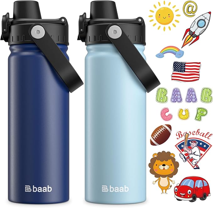 baab 18oz Kids Insulated Water Bottle 18/8 Stainless Steel Kids Cup 2 Pack | by baabKidWatterBottle