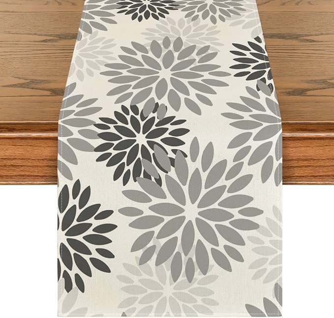 Artoid Mode Grey Floral Pinnata Dahlia Table Runner, Seasonal Kitchen Dining by ArtoidMode
