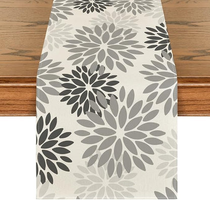 Artoid Mode Grey Floral Pinnata Dahlia Table Runner, Seasonal Kitchen Dining by ArtoidMode