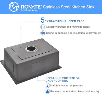 ROVATE 20 x 16 inch Drop-in Kitchen Sink Single Bowl, Topmount Kitchen Sink Handmade, 304 Stainless Steel Overmount Kitchen or Bar Sink with Basket Strainer, 20 x 16 x 9 inch