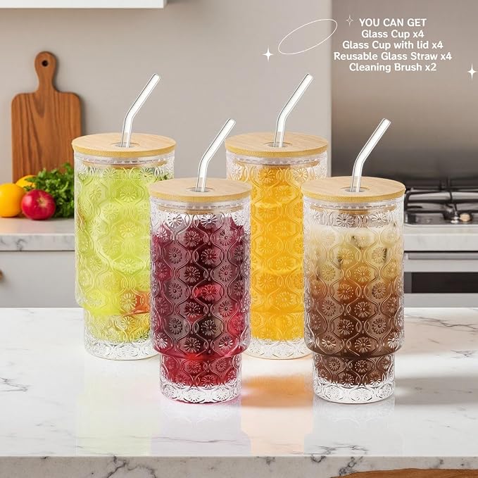 Vintage Glass Cups with Bamboo Lids and Straws–4Sets 11oz Iced Coffee Cups - Image 3