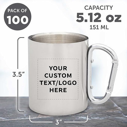 Custom Stainless Steel Mugs with Carabiner Handle 10 oz. Set of 100, Personalized Bulk Pack - Perfect for Coffee, Soda, Other Hot & Cold Beverages - Silver