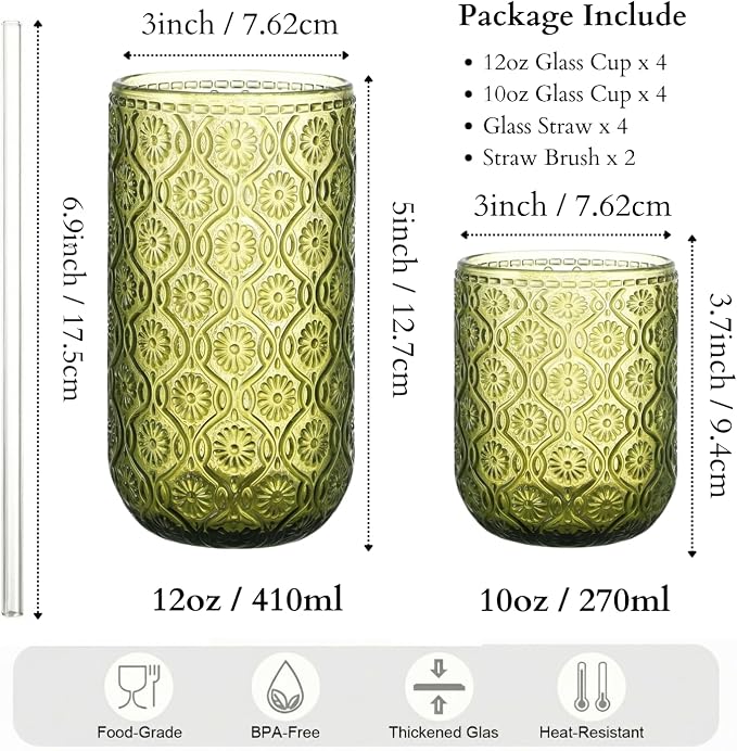 Green Drinking Glasses Set of 8, 12 Oz Highball & 10 Oz Cocktail Glasses - Image 6