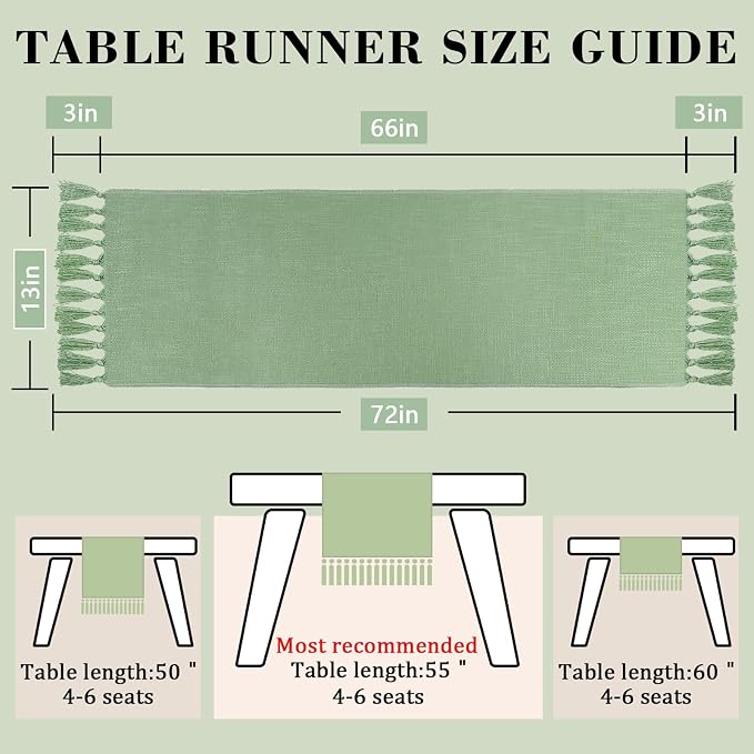 Sage Green Table Runner 13 x 72 Inch, Boho Woven Table Runner - Image 7