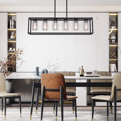 XILICON Dining Rooms Black Chandeliers,Kitchen Island Farmhouse Lighting Fixture Industrial Rustic Ceiling Hanging 6 Light Modern Pendant Light with Glass Shade