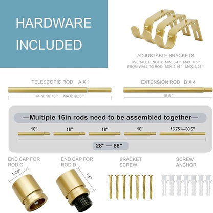 Curtain Rods for Windows 16 to 88 Inches Adjustable Length 1 Inch Diameter Window Curtain Rod with Aluminium Finials, Flash Gold