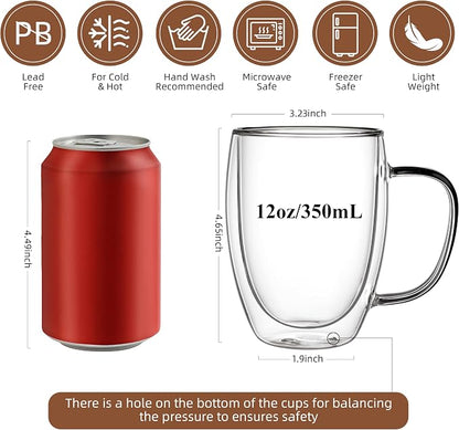 CNGLASS 6 Pack Double Walled Glass Coffee Mugs，12oz Clear Coffee Cups - Image 2