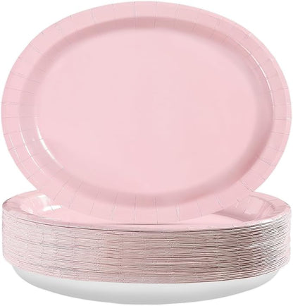 Grencian 50Pcs Pink Oval Paper Plates 10" x 12" Large Disposable 400GSM Heavy Duty Light Pink Paper Plates for Valentine's Day Girls Women Birthday Wedding Bridal Shower Baby Shower Party Supplies