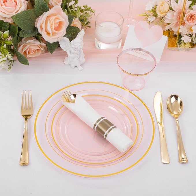 WELLIFE 210Pcs Clear-Pink Plastic Dinnerware- Pink and Gold Plastic Dinnerware - Image 3
