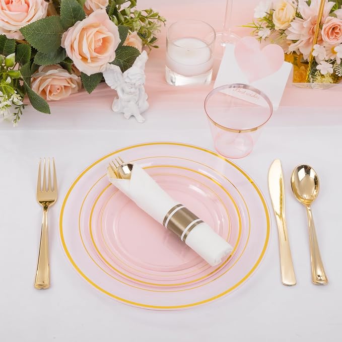 WELLIFE 350Pcs Clear-Pink Plastic Dinnerware- Pink and Gold Plastic Dinnerware - Image 8