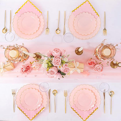 LIYH 210 Pcs Pink and Gold Scalloped Plastic Plates - Disposable Dinnerware Set, Include Gold Plastic Silverware, Pink Plates and Napkins Party Supplies for Birthday Wedding