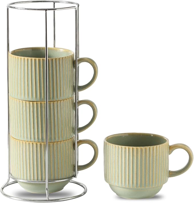 HASENSE Ceramic Coffee Mugs Set of 4 - 15 oz Stackable Large Porcelain Ribbed by Hasense