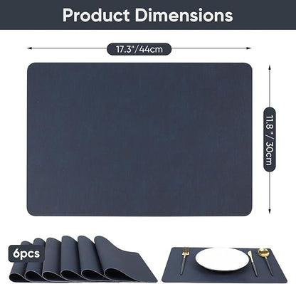 Dark Blue Reversible Faux Leather Placemats – Set of 6 Waterproof, Heat-Resistant & Easy-to-Clean Table Mats for Modern Dining