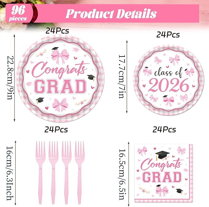 Rakuto Pink Graduation Decorations 2026, 2026 Graduation Pink Bow Themed Forks - Image 2
