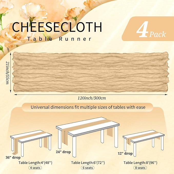4 Pack Cheesecloth Table Runner 10FT Nude Table Runner Boho Gauze Cheese Cloth - Image 2