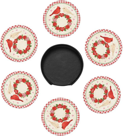 Love Rose with Birds Leather Coasters Set of 6 with Holders - Image 5