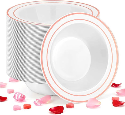 BESTSTAR 100 Pack Disposable Soup Bowls with Rose Gold Rim, 12oz Premium Heavy Duty Plastic Dinner Bowls for Party, Wedding and Holiday