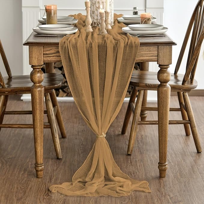 Artoid Mode Boho Cheesecloth Gauze Mustard Yellow Wedding Table Runner - Image 4