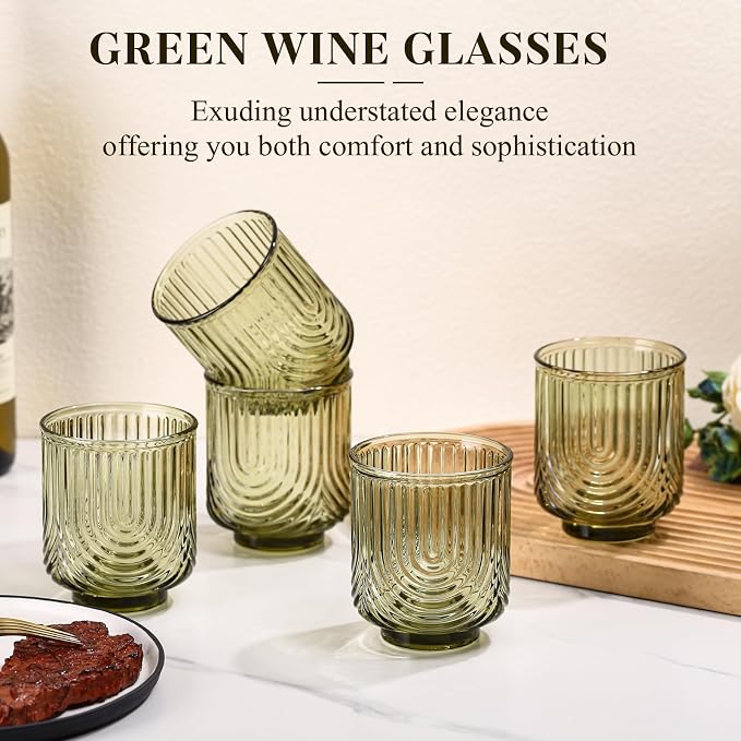 Green Vintage Drinking Glasses Set of 6-15oz Hand-Blown Highball Ribbed - Image 2
