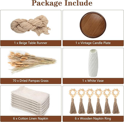 Table Centerpiece Set with Beige Cheesecloth Table Runner, 1 Round Wooden Candle Plate, 70 PCS Dried Pampas Grass Decor with White Vase, 6 Linen Napkins and Wooden Napkin Rings for Wedding Home Decor