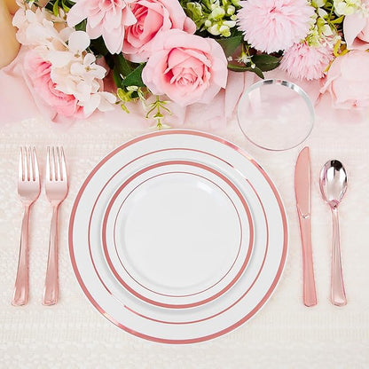 WELLIFE 450 PCS Rose Gold Disposable Dinnerware Set for 75 Guests, Mothers Day Plates, 75 Dinner & Salad Plate, Cups, Forks Knives Spoons for Wedding Reception and Valentine's Day