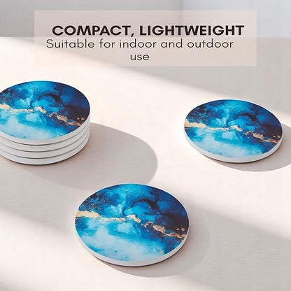Ceramic Absorbent Coasters Set of 6 with Holder, Drink Coasters for Coffee Table, Kitchen & Home Decor, Cute Round Ceramic Coasters, Alternative to Silicone, Cork or Glass (Sapphire)