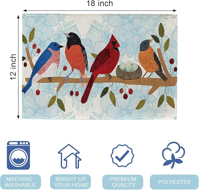 Seliem Spring Summer Birds Placemats Set of 4, Cardinal Bluebird Bullfinch | - Image 2