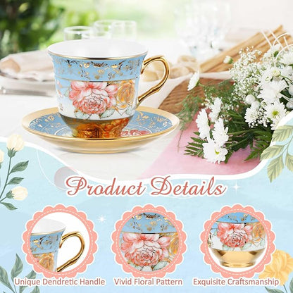 Teenyyou Set of 18 Tea Cups and Saucers Tea Party Decorations Floral Porcelain - Image 7