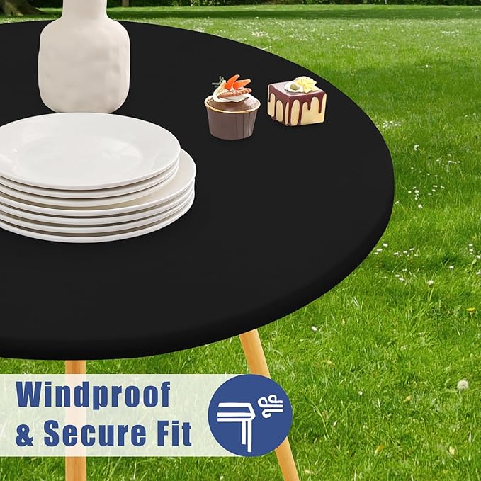 Round Spandex Tablecloth 2 Pack, Elastic Fitted Waterproof Tablecloths for 45"-56" Tables, Stretch Washable Picnic Table Cover for Camping, Dining, Indoor and Outdoor, Black
