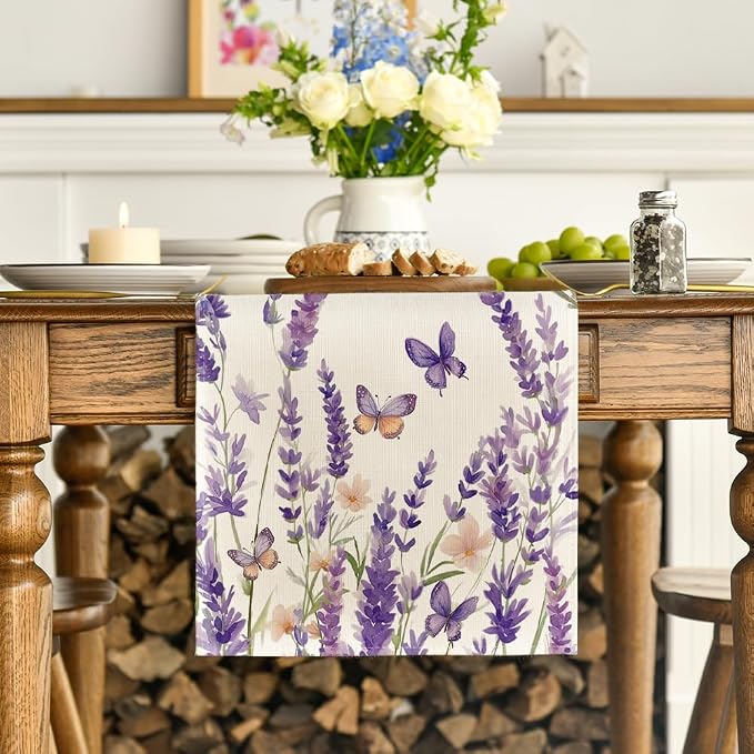 Artoid Mode Purple Lavender Floral Butterflies Spring Table Runner, Seasonal - Image 2