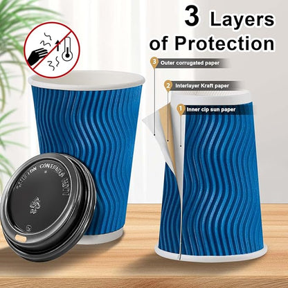 100 Pack Coffee Cups with Lids 16 oz, Disposable Insulated Ripple Wall To Go Paper Coffee Cups for Hot/Cold Drinks Office Home Shop Event (Navy)