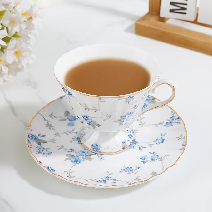 fanquare White Tea Cup and Saucer, Vintage Blue Floral Print Tea Cups - Image 5