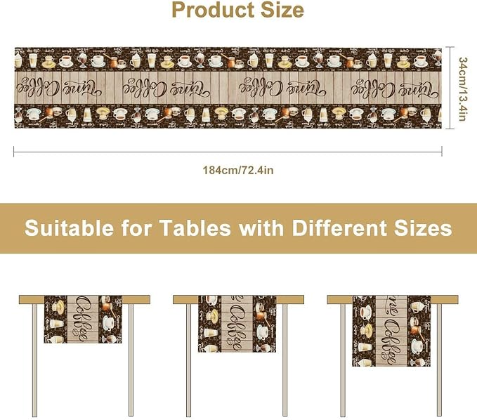Coffee Time Table Runner, Retro Farmhouse Cafe Cup Tea Coffee Theme Wooden - Image 5