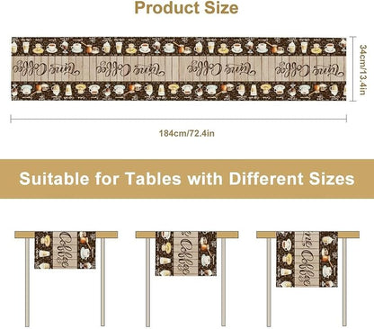 Coffee Time Table Runner, Retro Farmhouse Cafe Cup Tea Coffee Theme Wooden - Image 5