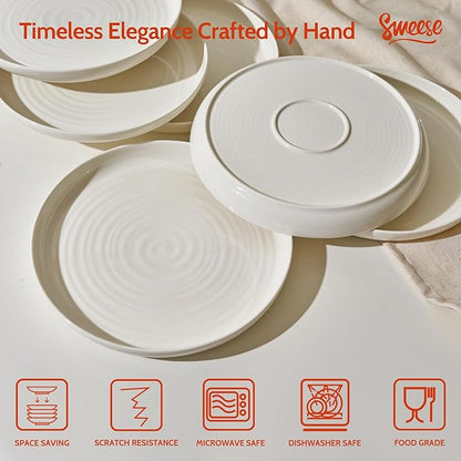 Sweese Porcelain Dinner Plates Set of 6, 10.5 Inch Dish Set - Dishwasher, Microwave, Oven Safe, Scratch Resistant, Kitchen Serving Dishes - White