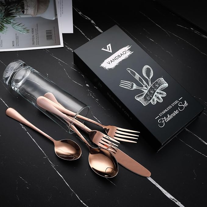 VANDBAO Coppery Flatware Cutlery Silverware Set 20 Pieces, Stainless Steel - Image 2