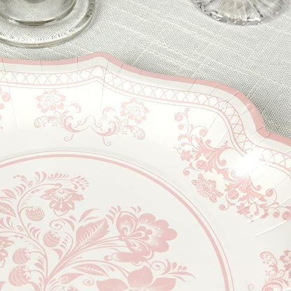 50 Pack 10" White Pink French Toile Dinner Plates, Disposable Round Paper Party Plates 300 GSM for Festive Table Decoration
