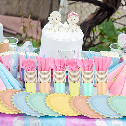Yaomiao 168 Pcs Pastel Scalloped Paper Plates Cups Napkin - Image 4