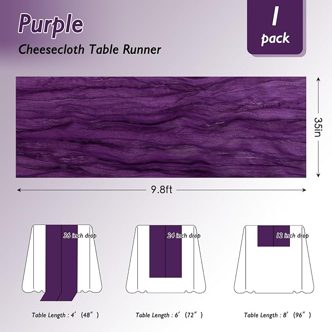 1 Pack Purple Cheesecloth Table Runner 120 Inch Boho Wedding Decor | - Image 2