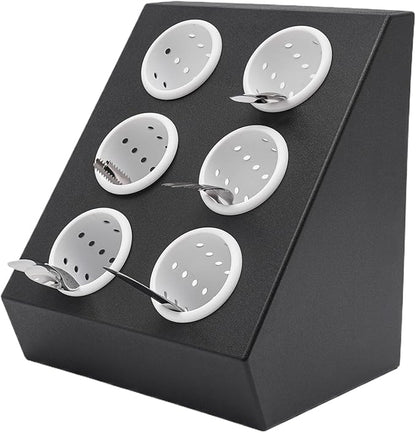 6-Compartment Utensil Holder - Black & White Restaurant Cutlery Organizer with Removable Liners, 22 lbs Capacity, for Kitchen Counter, Bars, Coffee Shops, Restaurants, & Hotels