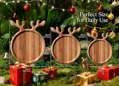 Acacia Antler Christmas Serving Platter, 12" x 15" Round Wooden Food Dish, Serving Dishes Charcuterie Board Tray for Cheese Fruit Bread, Christmas Platter for Housewarming Decro Wedding